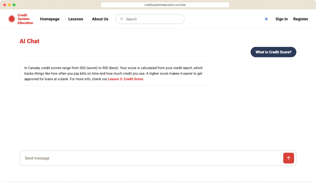 AI Chat answering “What is Credit Score?” in plain language, explaining the 300 to 900 range, and linking to Lesson 2: Credit Score.