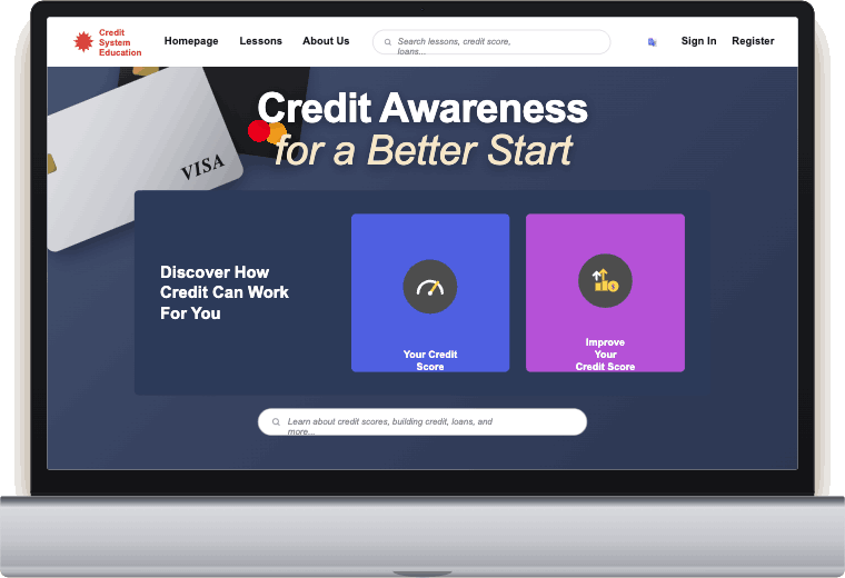 The homepage on a laptop: “Credit Awareness for a Better Start” with a “Discover How Credit Can Work For You” panel, cards for “Your Credit Score” and “Improve Your Credit Score”, and a search bar.