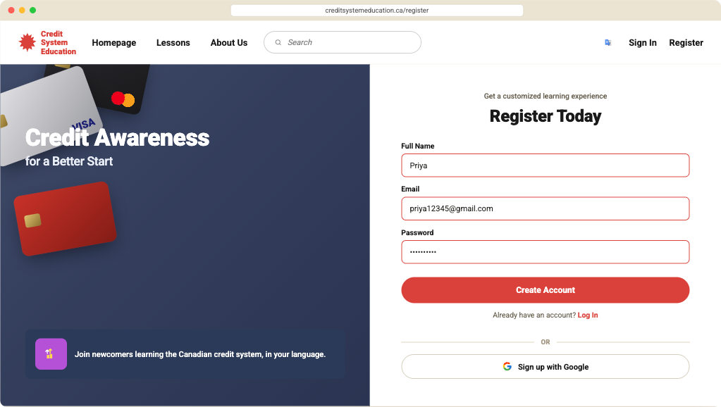Register page with “Join newcomers learning the Canadian credit system, in your language.” on the left and a Register Today form on the right.
