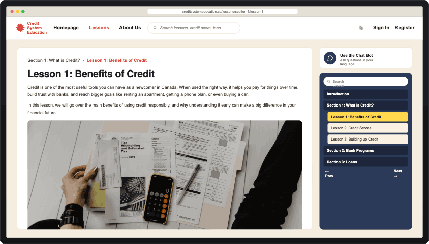 Lesson 1: Benefits of Credit on a desktop monitor, with a photo of someone reviewing bills and a calculator, and the lesson list in a dark sidebar.