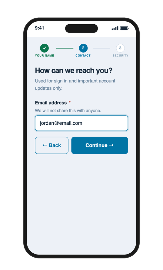 After, step 2: “How can we reach you?” with an email field, helper text, and Back and Continue buttons.