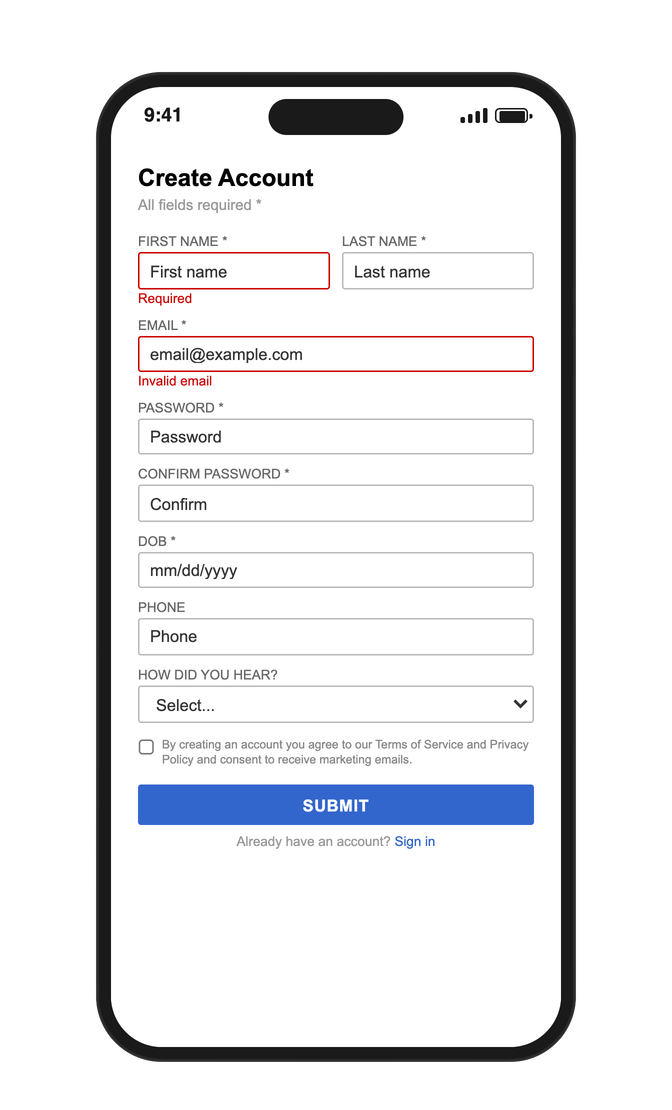 Before: a single “Create Account” screen with many fields stacked together, red error text and one Submit button.