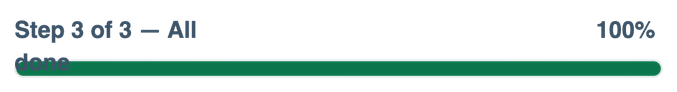 A full green progress bar labelled “Step 3 of 3 — All done”, 100%.