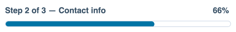 A progress bar labelled “Step 2 of 3 — Contact info”, 66% full.