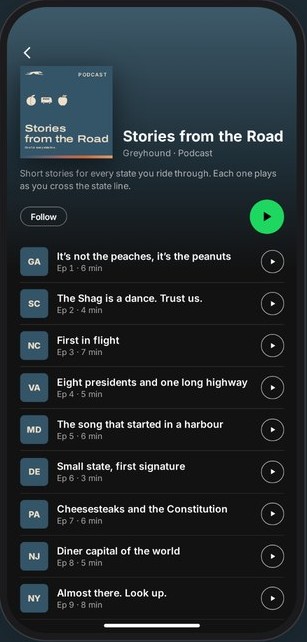 A dark app screen titled “Stories from the Road” with a list of short episodes.