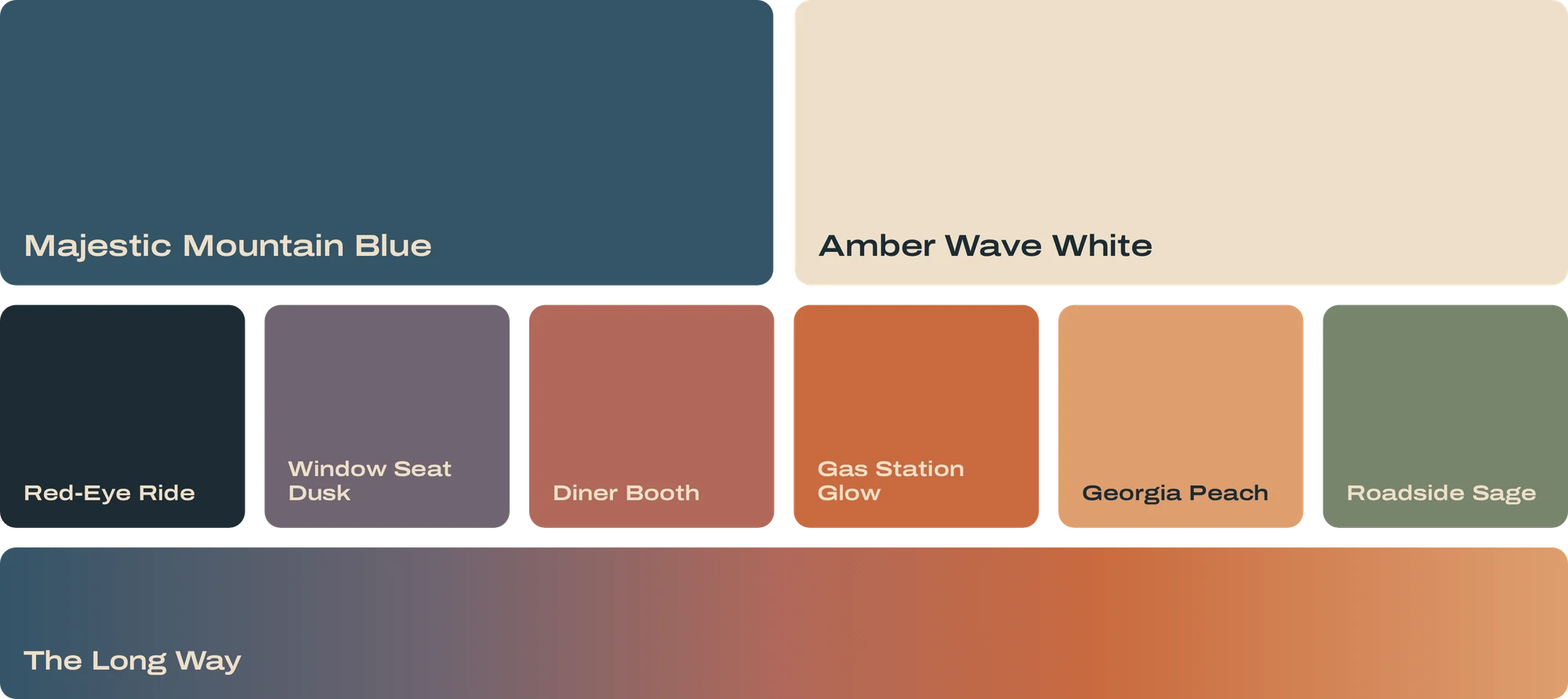 The final palette: Majestic Mountain Blue, Amber Wave White, Red-Eye Ride, Window Seat Dusk, Diner Booth, Gas Station Glow, Georgia Peach and Roadside Sage, with The Long Way sunset gradient running from dark blue through dusky purple to peach.