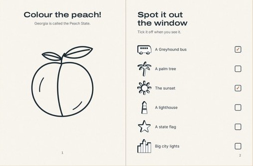 A colouring book spread: “Colour the peach!” with a peach outline, and “Spot it out the window” with a checklist of things to find.