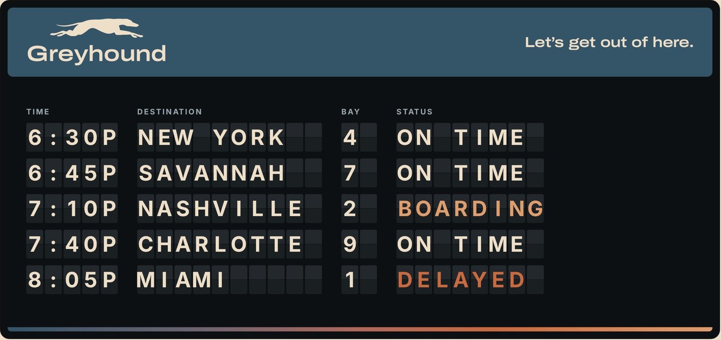 A Greyhound departure board reading “Let's get out of here.”, listing departures to New York, Savannah, Nashville, Charlotte and Miami with bay numbers and statuses.