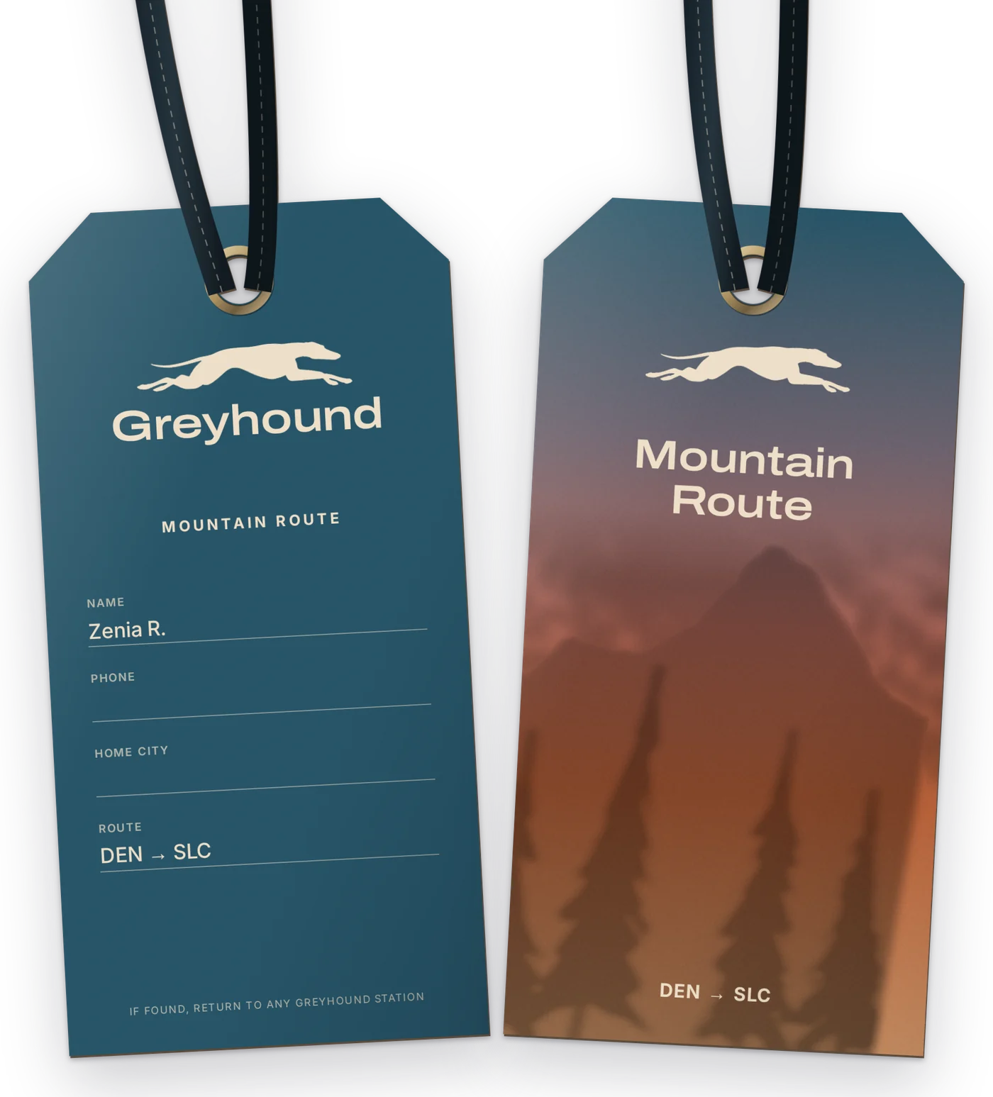 A blue luggage tag with a name and route form on one side, and “Mountain Route” over a pine-forest photo on the other.