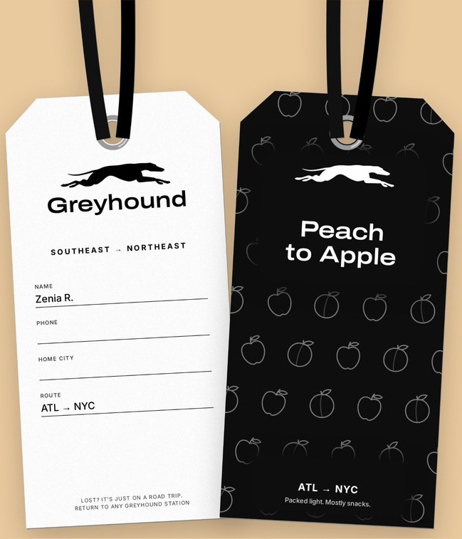 Two Greyhound luggage tags, one white and one black reading “Peach to Apple”.