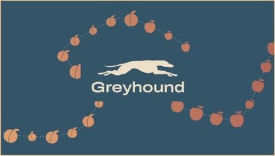 After: the final greyhound logo on blue, framed by a curving route of peaches that turn into apples.