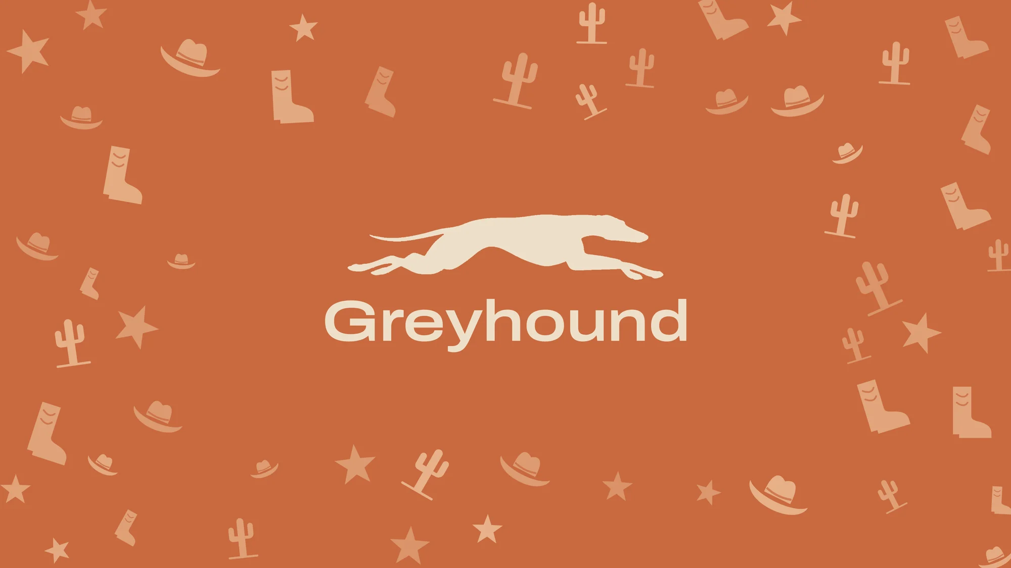 After: the final greyhound logo on burnt orange, surrounded by cowboy hats, boots, cacti and stars.