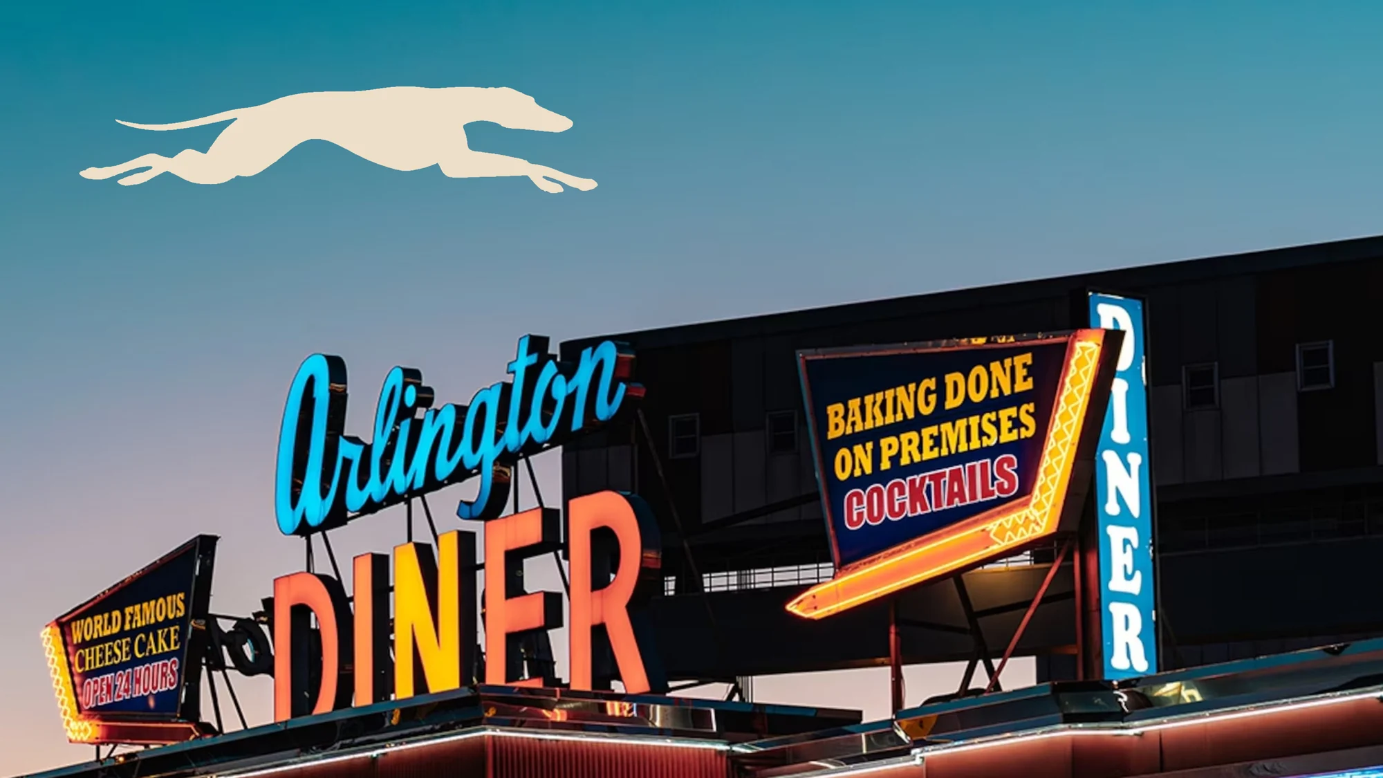 After: a neon “Arlington Diner” sign with just the cream greyhound flying above it.