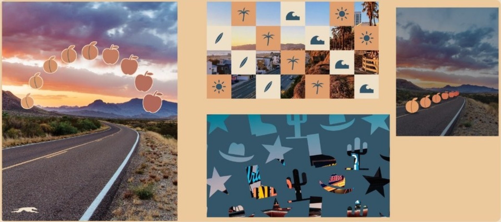 After: peaches rolling down a desert road at sunset, a checkerboard of coast symbols and photos, and Texas cut-outs filled with diner photography.