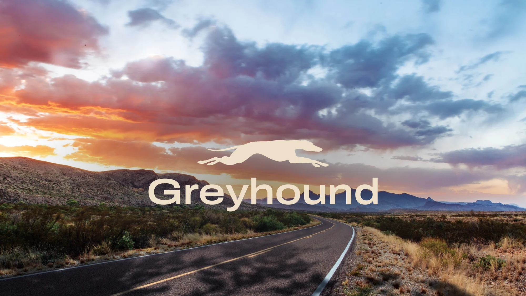 After: a desert highway at sunset with a bigger cream Greyhound logo sitting on the horizon.