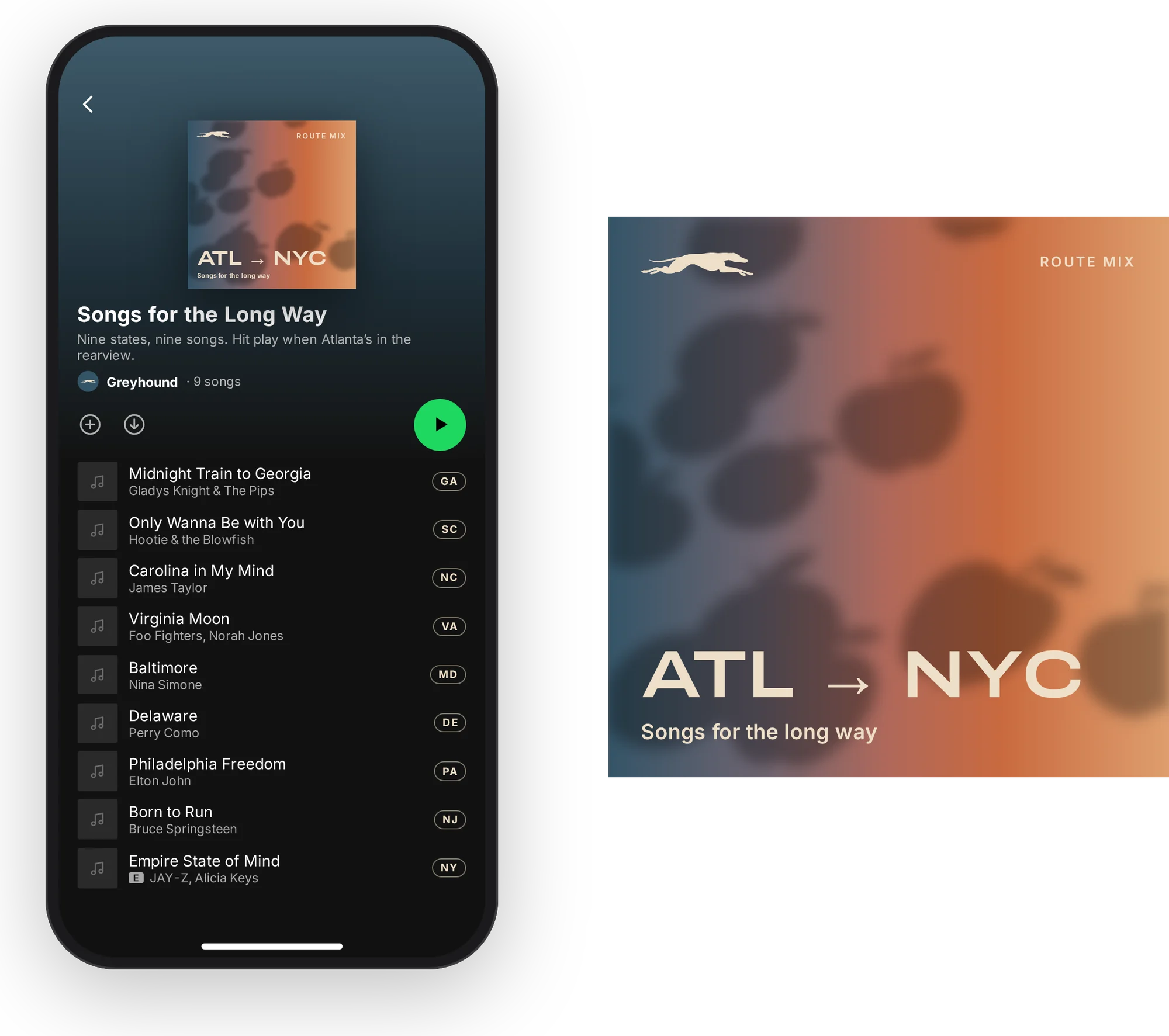 A phone playing “Songs for the Long Way”, an ATL to NYC route mix of nine songs from Midnight Train to Georgia to Empire State of Mind, next to its peach-to-blue cover art.