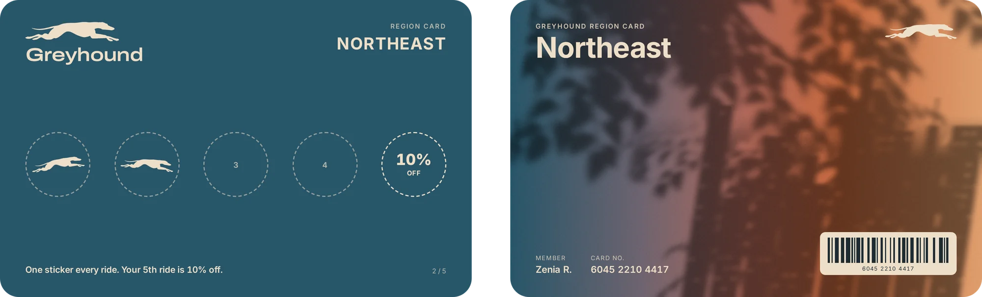 A two-sided Northeast region card: a blue front with greyhound stamps and a progress circle, and a back with “Northeast” over a photo with leaf shadows and a barcode.