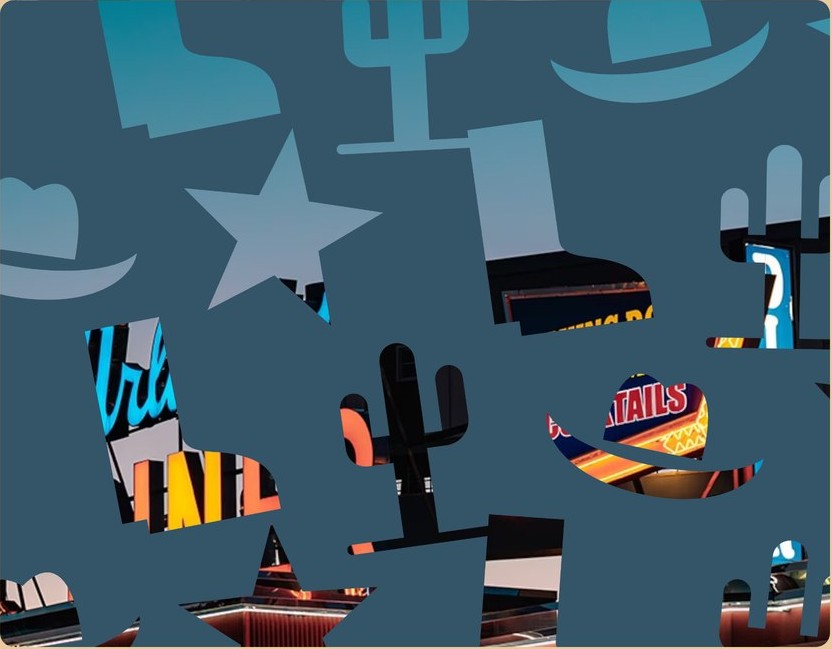 Close-up of Texas pattern shapes, a star, cactus, boot and hats, filled with diner photography.