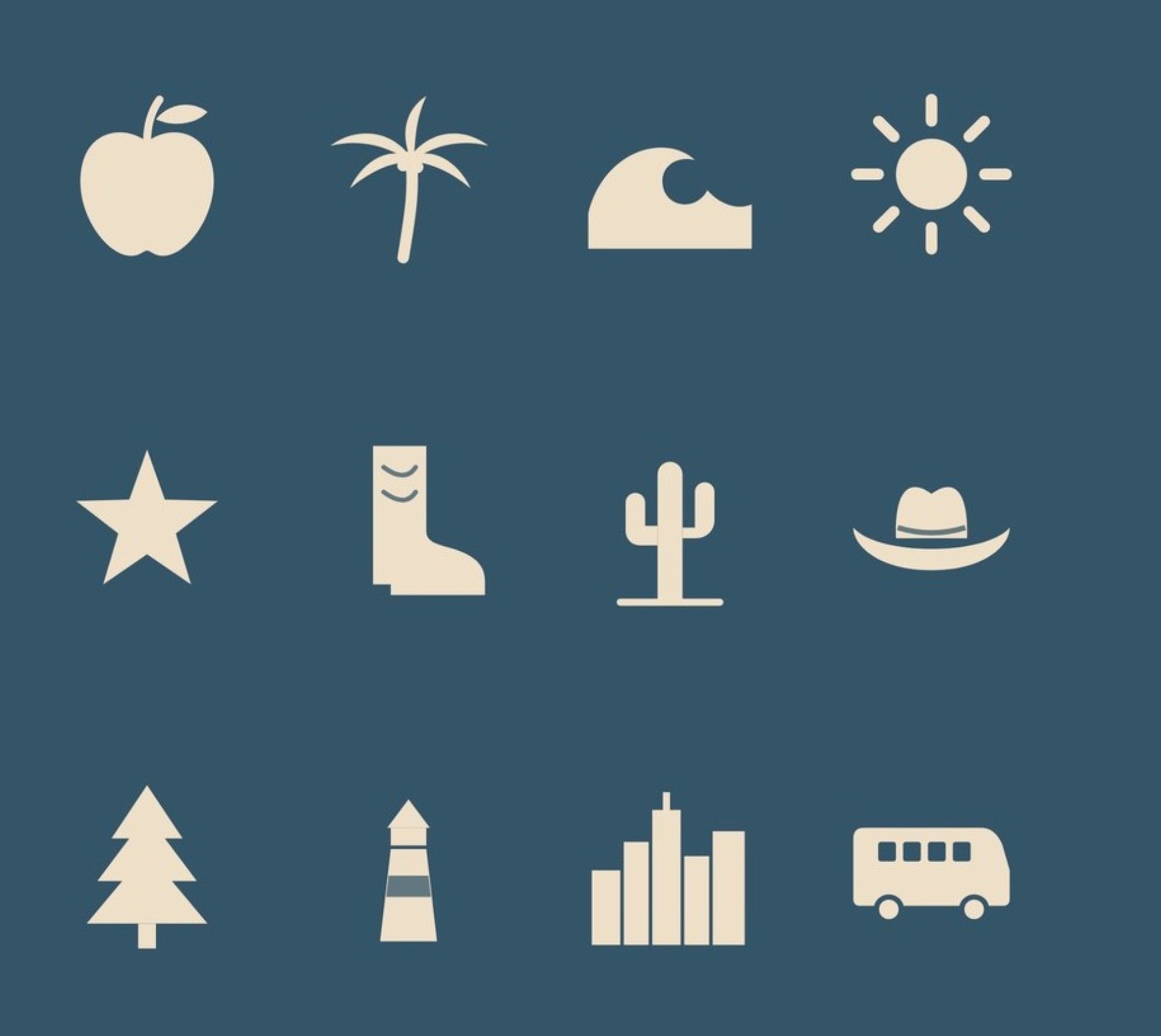 The symbol library in cream on blue: peach, apple, palm tree, wave, sun, surfboard, star, cowboy boot, cactus, cowboy hat, mountains, pine tree, lighthouse, city skyline and a bus.