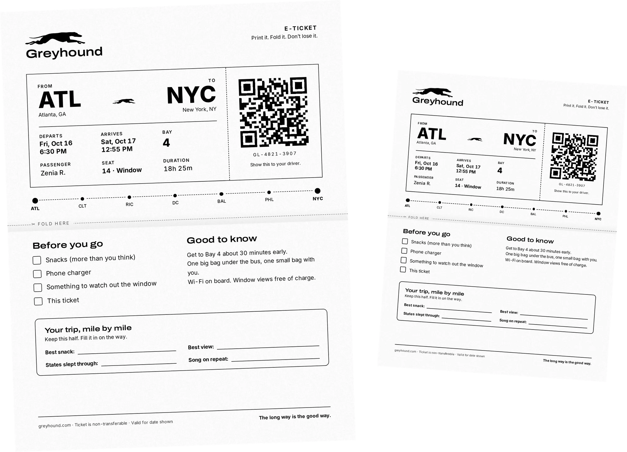 Ticket version 3: a printable letter-size e-ticket from ATL to NYC with a QR code, a route timeline, a fold line, a “Before you go” checklist, a “Good to know” section and a “Your trip, mile by mile” section to fill in.