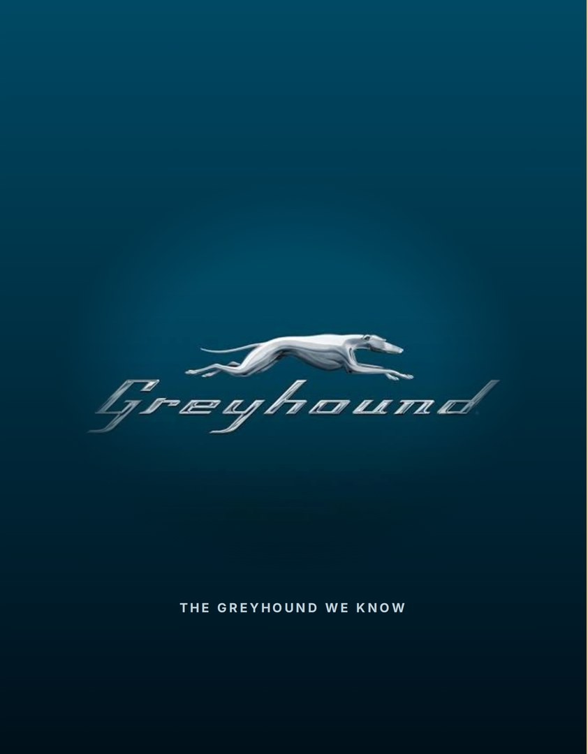 The existing Greyhound brand: a dark blue poster with a silver chrome running-dog logo and script wordmark.