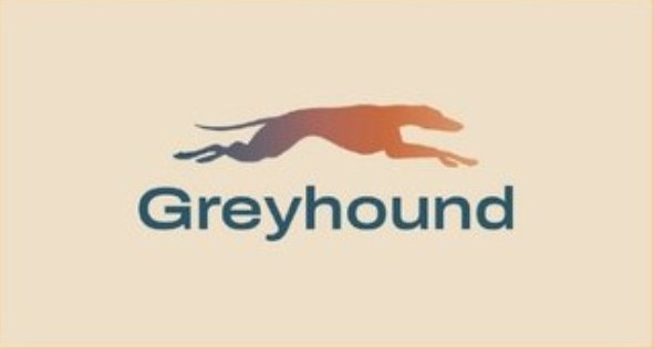Logo try 2: a running greyhound filled with a blue-to-orange gradient above a dark blue Greyhound wordmark, on cream.