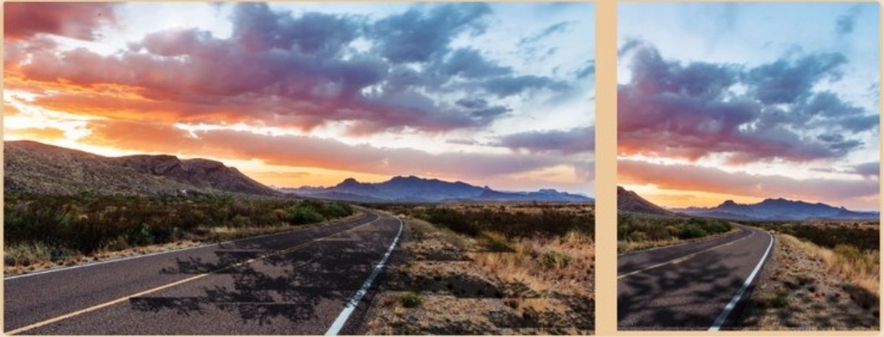 Before: desert road photos with a faint leaf shadow across the road.