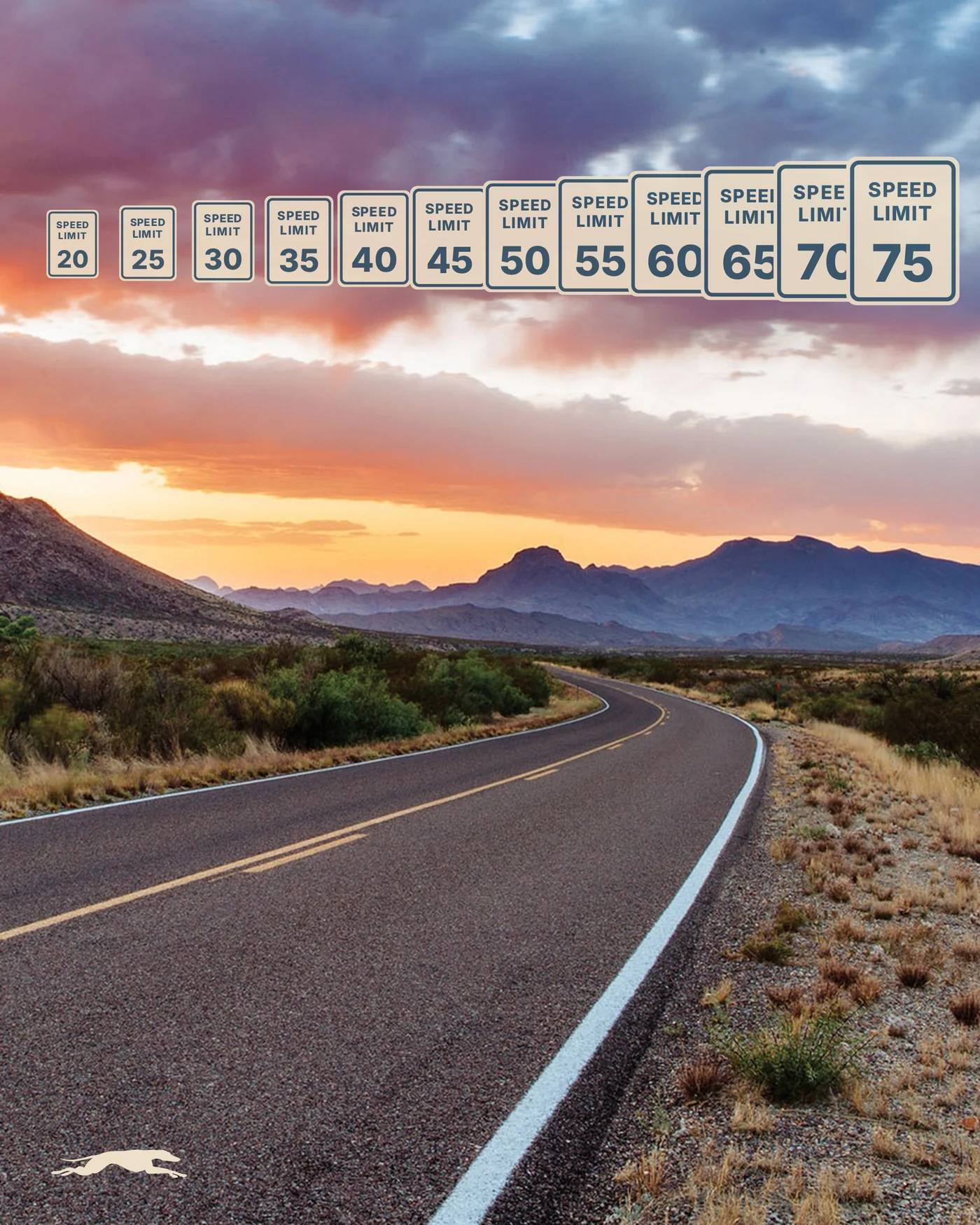 A desert road at sunset with a row of speed limit signs counting up from 20 to 75 across the sky, and a small cream greyhound in the corner.