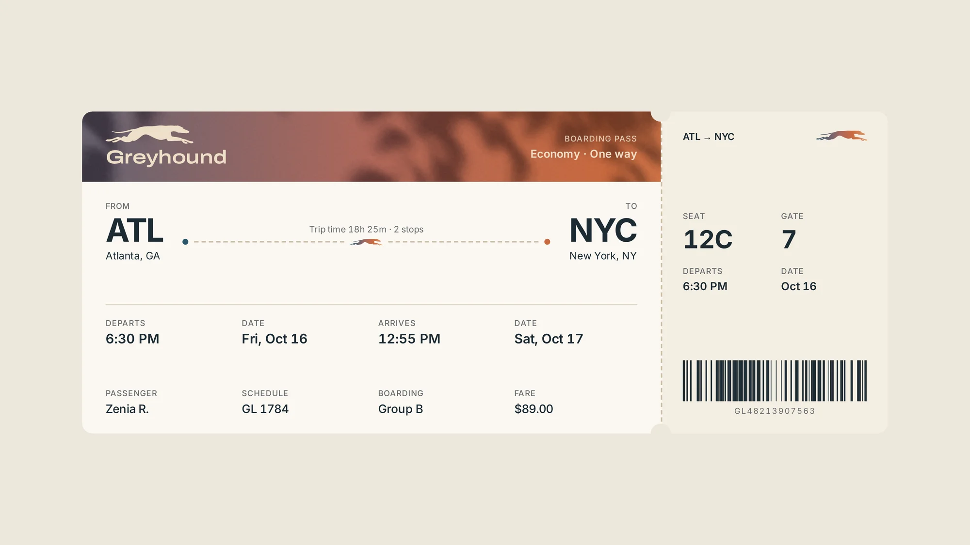 Ticket version 1: a wide boarding-pass layout from ATL to NYC with a gradient header, seat 12C, gate 7 and a barcode stub.