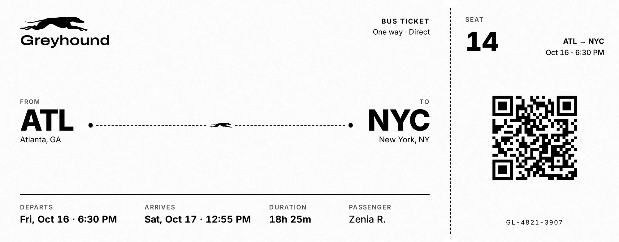 Ticket version 2: a black-and-white bus ticket from ATL to NYC with a tear-off stub, seat 14 and a QR code.