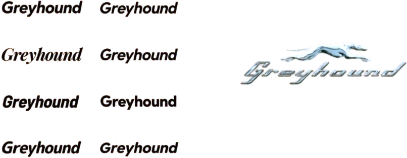 Eight Greyhound wordmark tests in italic and sporty sans serifs, next to the old chrome script logo.
