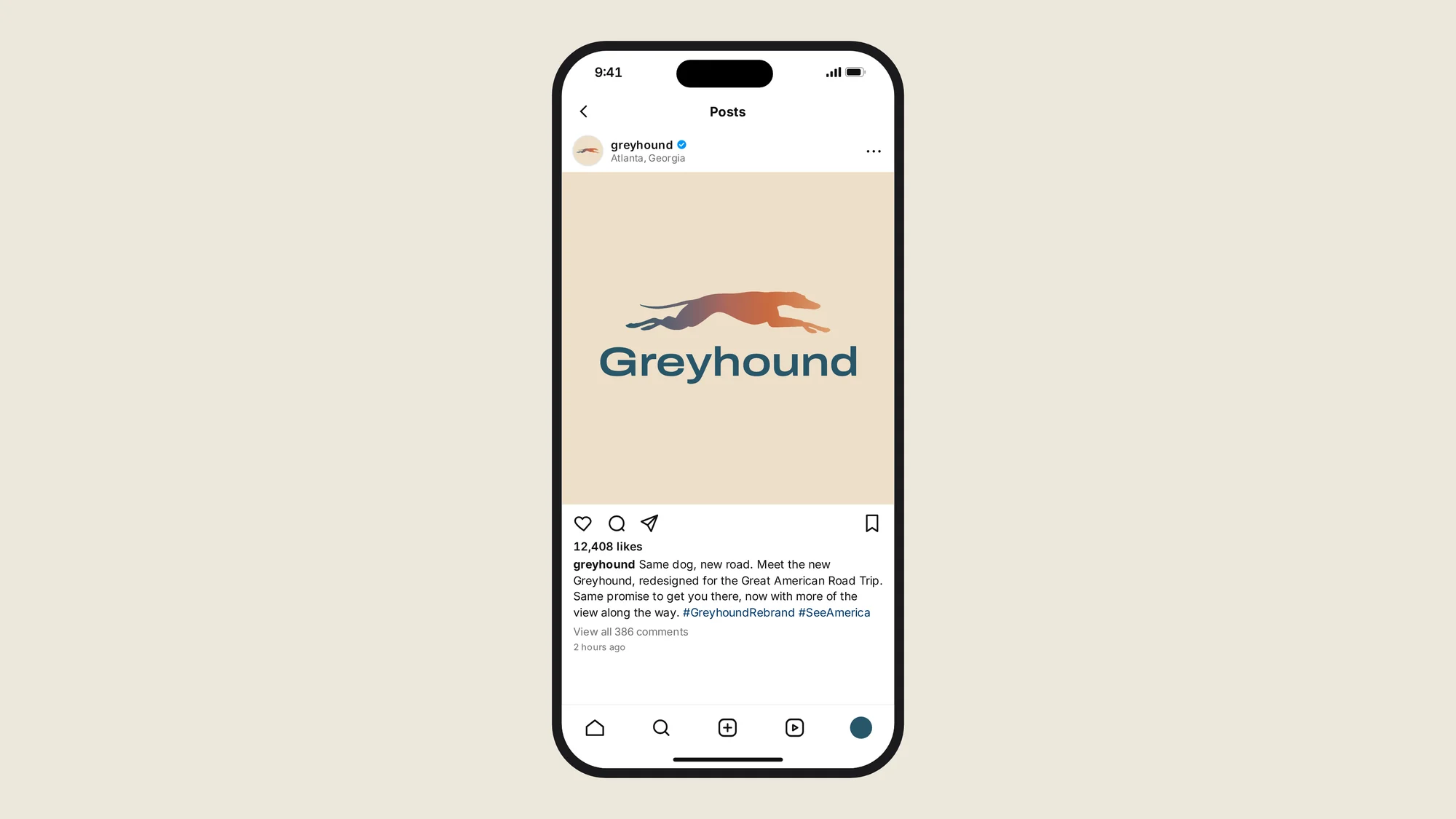 Version 1 Instagram post from Greyhound with the gradient logo on cream, shown on a phone.