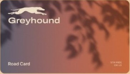 Version 1 “Road Card” with the Greyhound logo over a blue-to-orange gradient with leaf shadows.