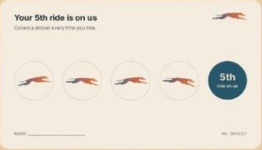 Version 1 stamp card: “Your 5th ride is on us”, with four greyhound stamps and a fifth circle marked “5th”.