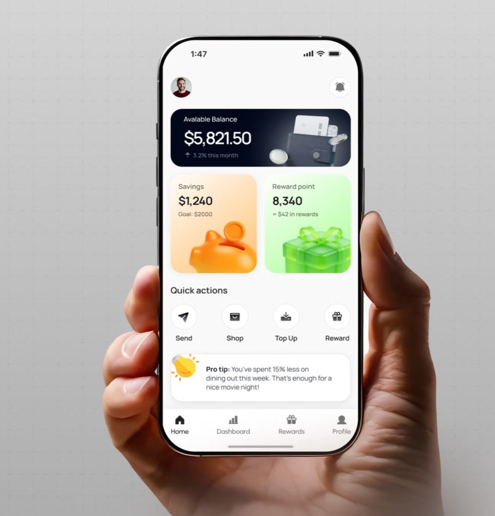 Moodboard reference: a hand holding a phone showing a banking app with a $5,821.50 balance, savings and reward-point cards, and quick actions.