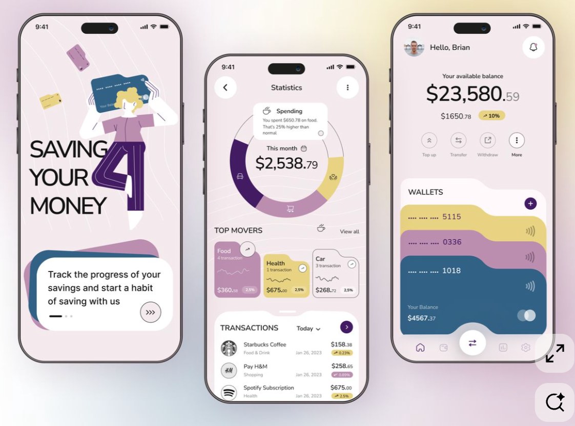 Moodboard reference: three phone screens from a savings app, with a “Saving your money” illustration, a spending chart and colourful wallet cards.
