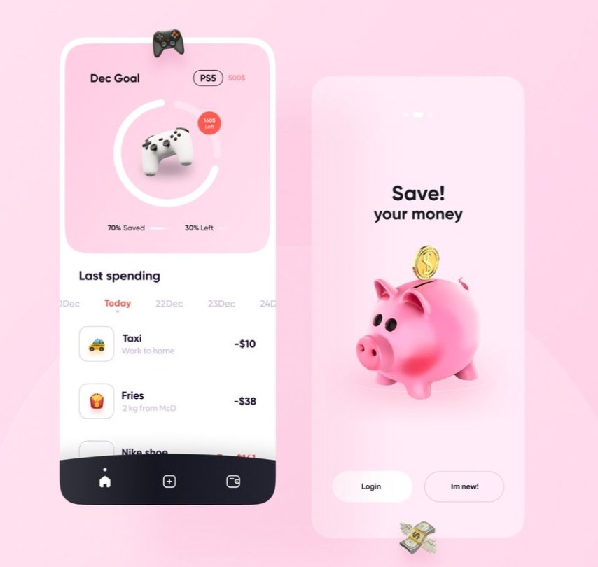 Moodboard reference: a pink savings app with a game console goal tracker and a piggy bank screen that says “Save your money”.