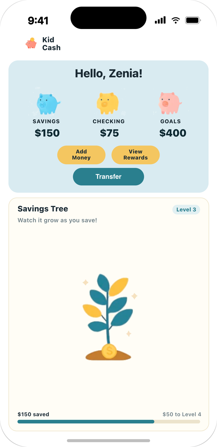 KidCash home screen: “Hello, Zenia!” with savings, checking and goals balances shown as piggy banks, and a Savings Tree below.