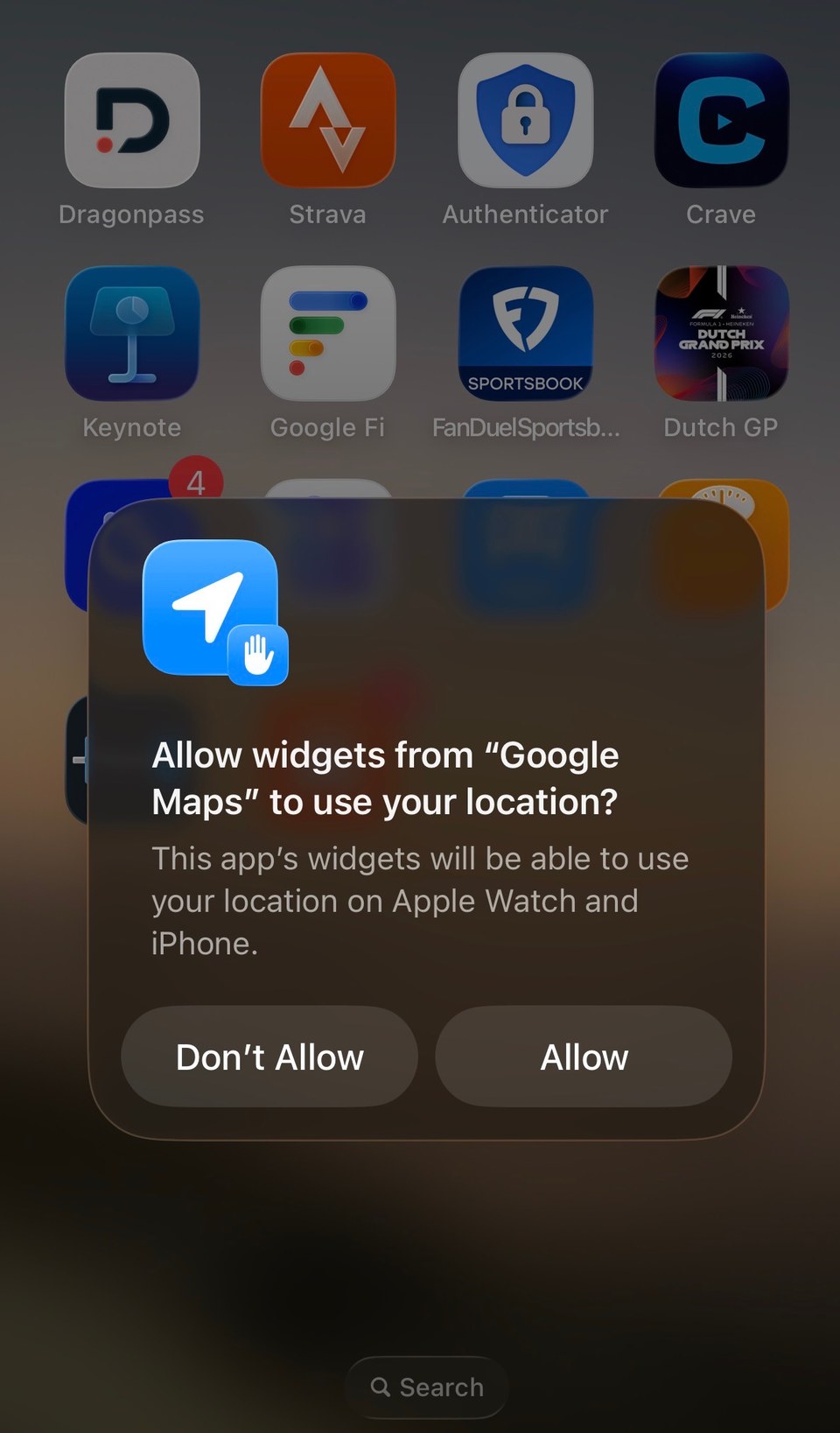 A phone home screen with a pop-up asking “Allow widgets from Google Maps to use your location?” with Don't Allow and Allow buttons.