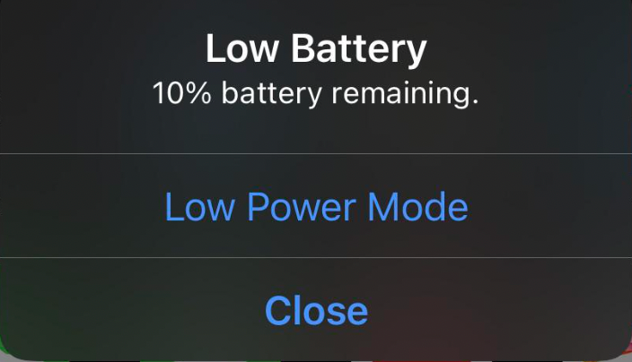 A “Low Battery, 10% battery remaining” alert with Low Power Mode and Close buttons.