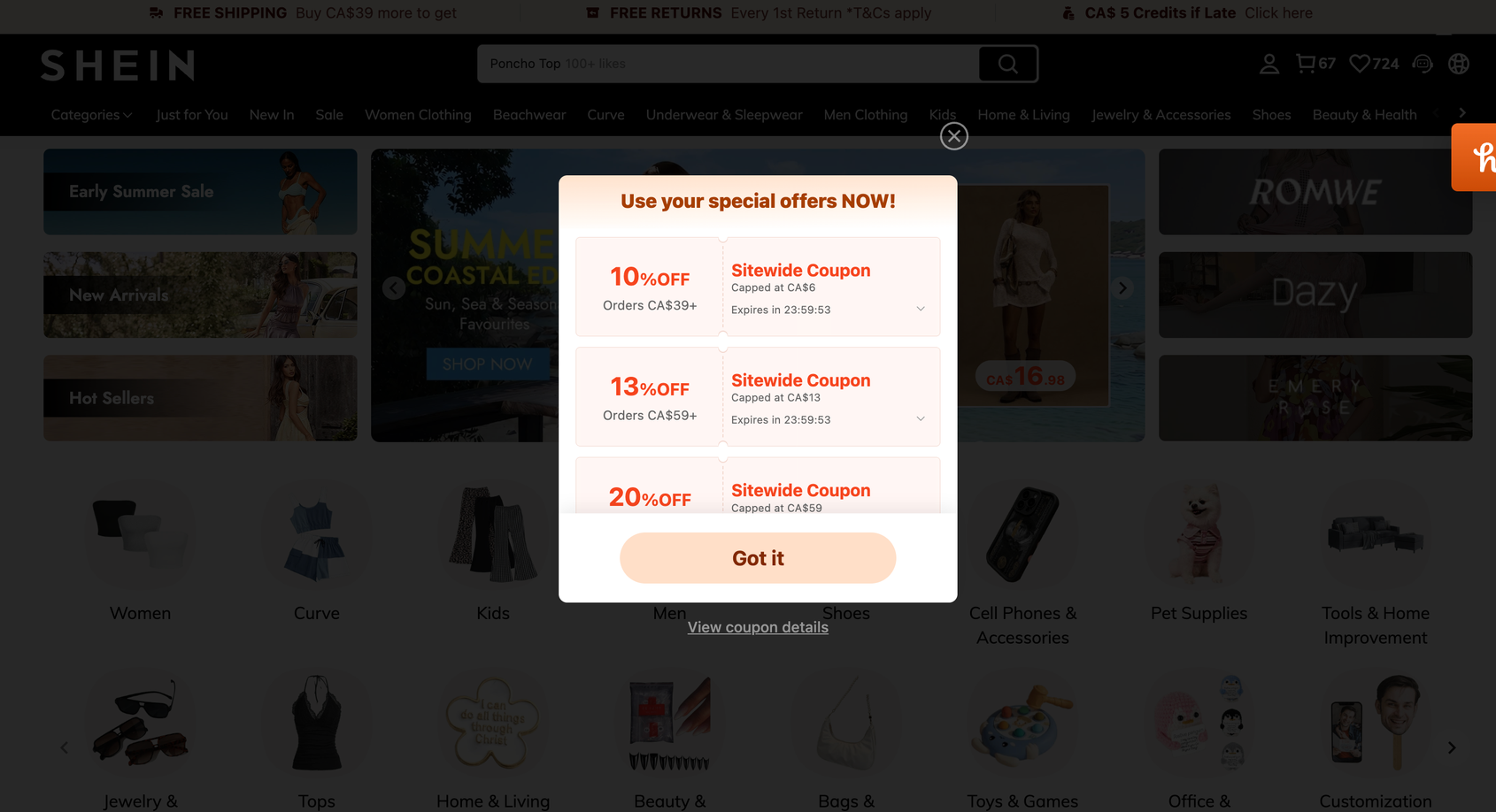 A shopping site with a discount coupon popup covering the products.