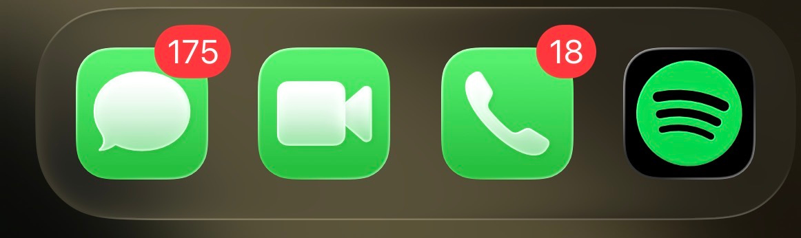 App icons for Messages, FaceTime, Phone and Spotify, with red unread badges showing 175 and 18.