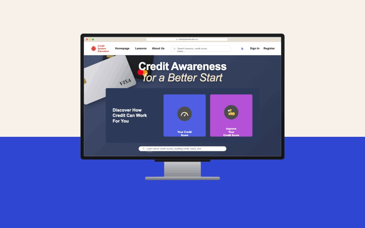 The Credit System Education homepage on a desktop monitor, reading “Credit Awareness for a Better Start”, over a cream and cobalt background.