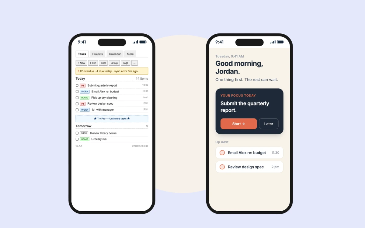 Two Clearspace phone screens on a pale lavender background: a busy task list, and a calm screen that says “Good morning, Jordan.” with one focus task.