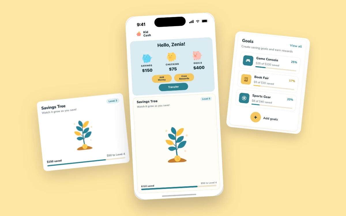The KidCash home screen saying “Hello, Zenia!” with savings balances and a Savings Tree, between cards for the Savings Tree and Goals, on pale yellow.